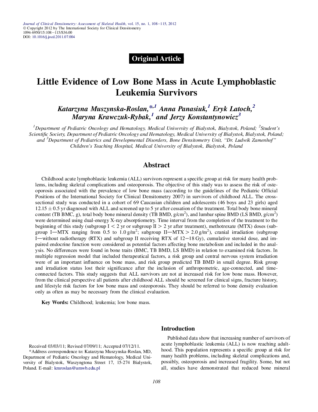 Little Evidence of Low Bone Mass in Acute Lymphoblastic Leukemia Survivors