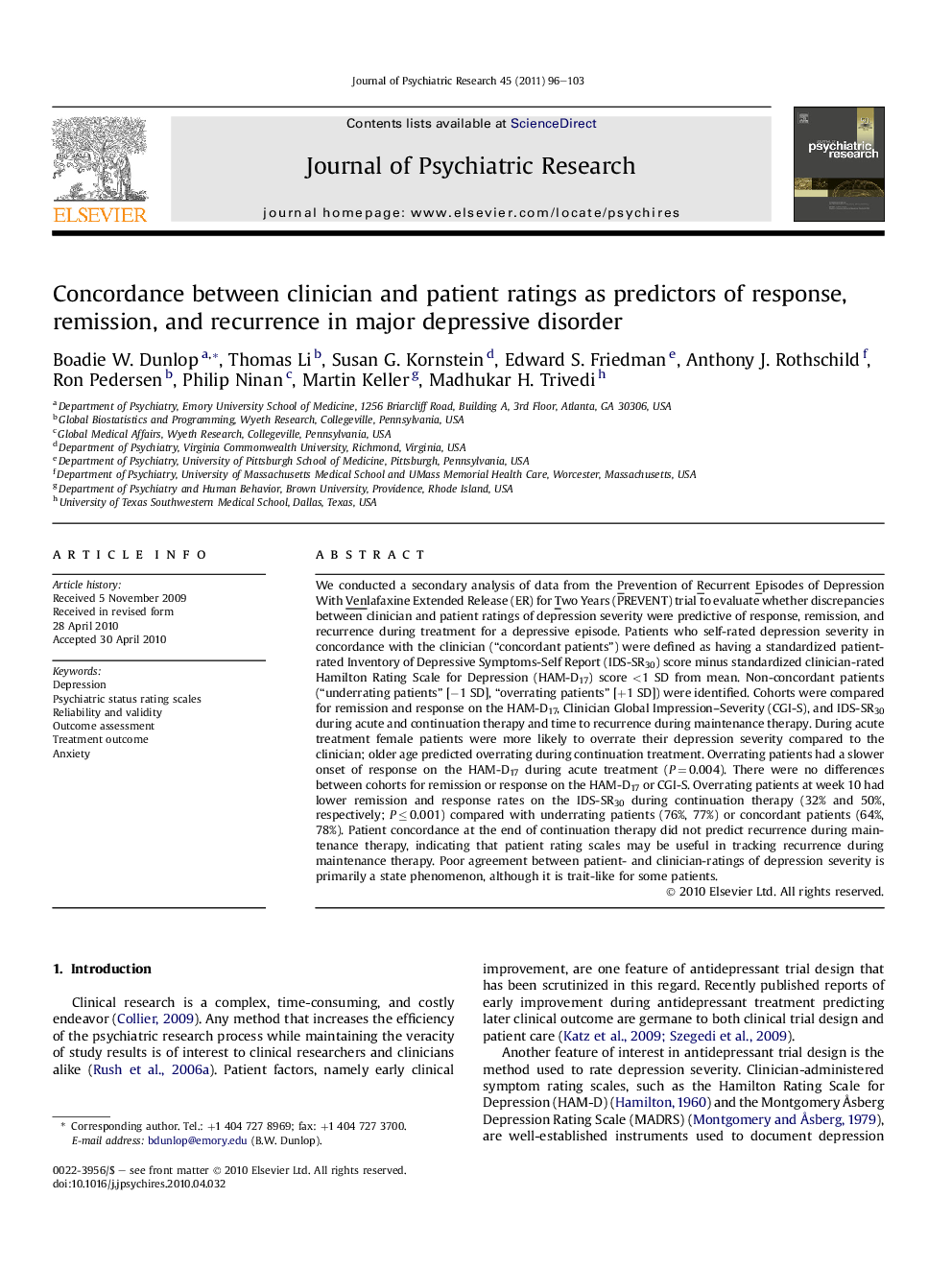 Concordance between clinician and patient ratings as predictors of response, remission, and recurrence in major depressive disorder