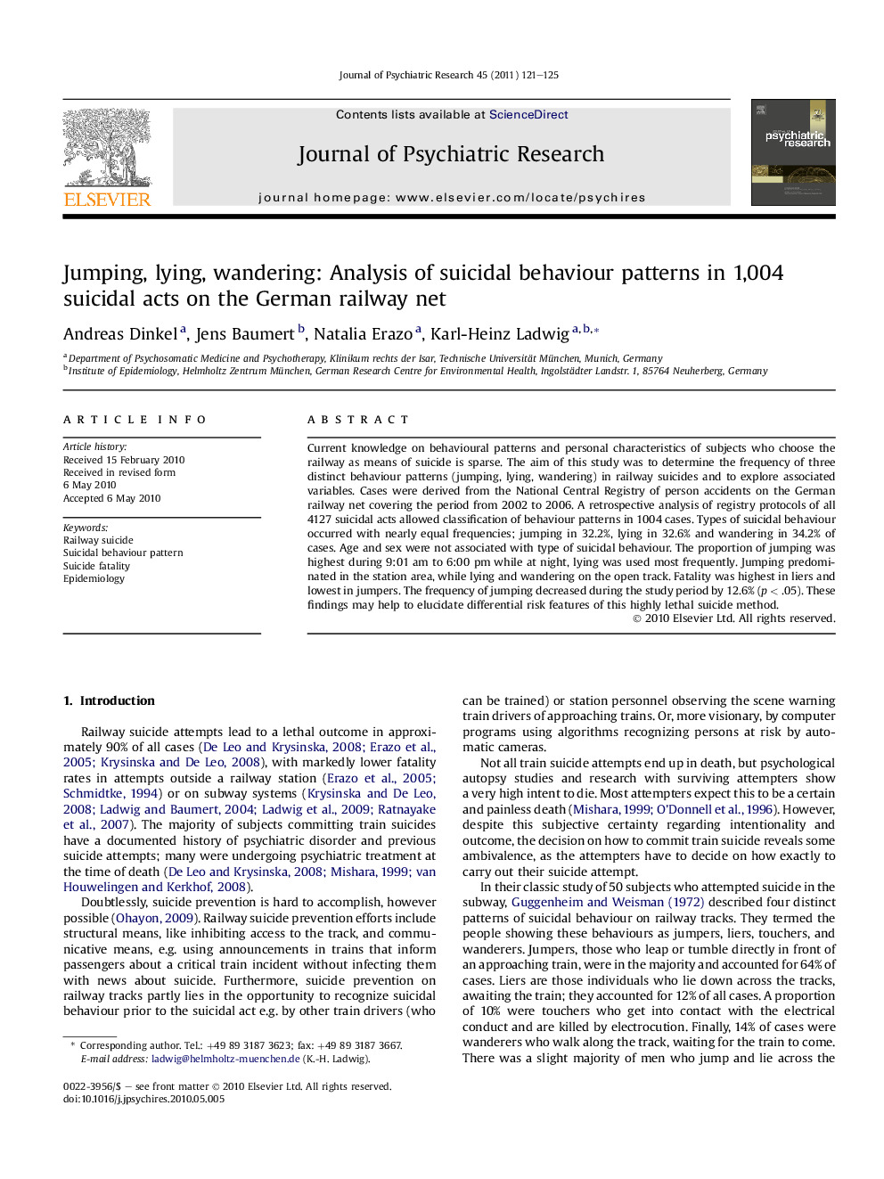 Jumping, lying, wandering: Analysis of suicidal behaviour patterns in 1,004 suicidal acts on the German railway net