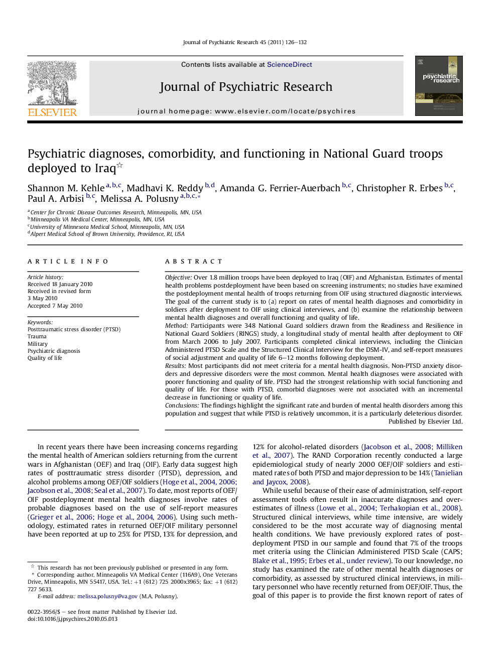 Psychiatric diagnoses, comorbidity, and functioning in National Guard troops deployed to Iraq 