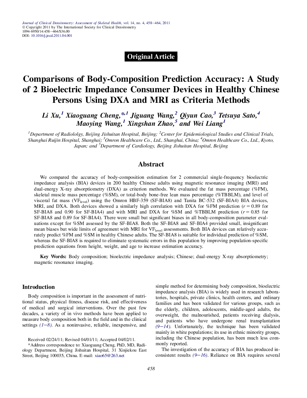 Comparisons of Body-Composition Prediction Accuracy: A Study of 2 Bioelectric Impedance Consumer Devices in Healthy Chinese Persons Using DXA and MRI as Criteria Methods