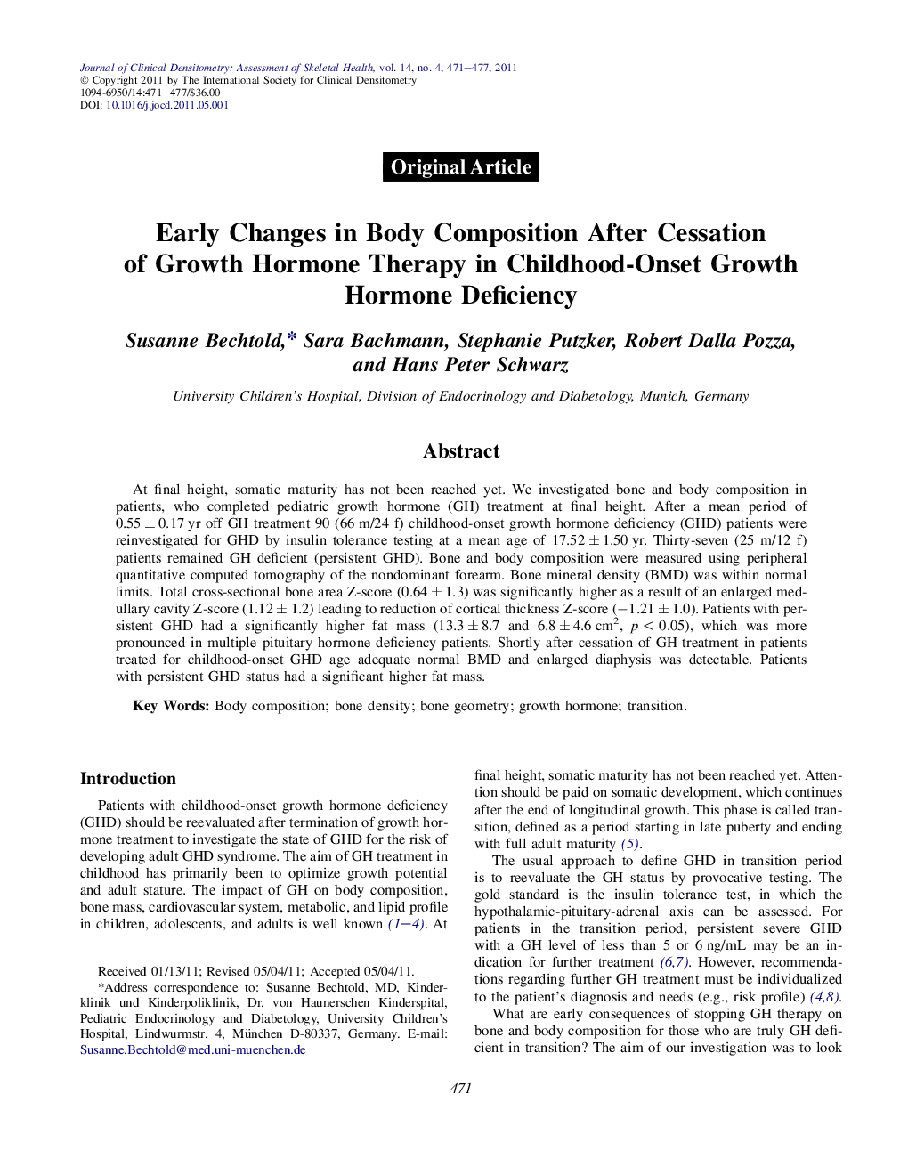 Early Changes in Body Composition After Cessation of Growth Hormone Therapy in Childhood-Onset Growth Hormone Deficiency