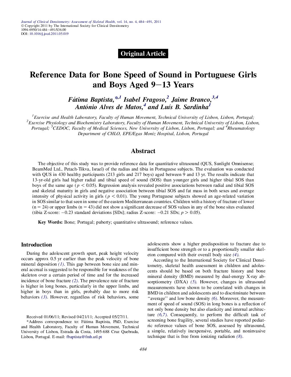 Reference Data for Bone Speed of Sound in Portuguese Girls and Boys Aged 9-13 Years