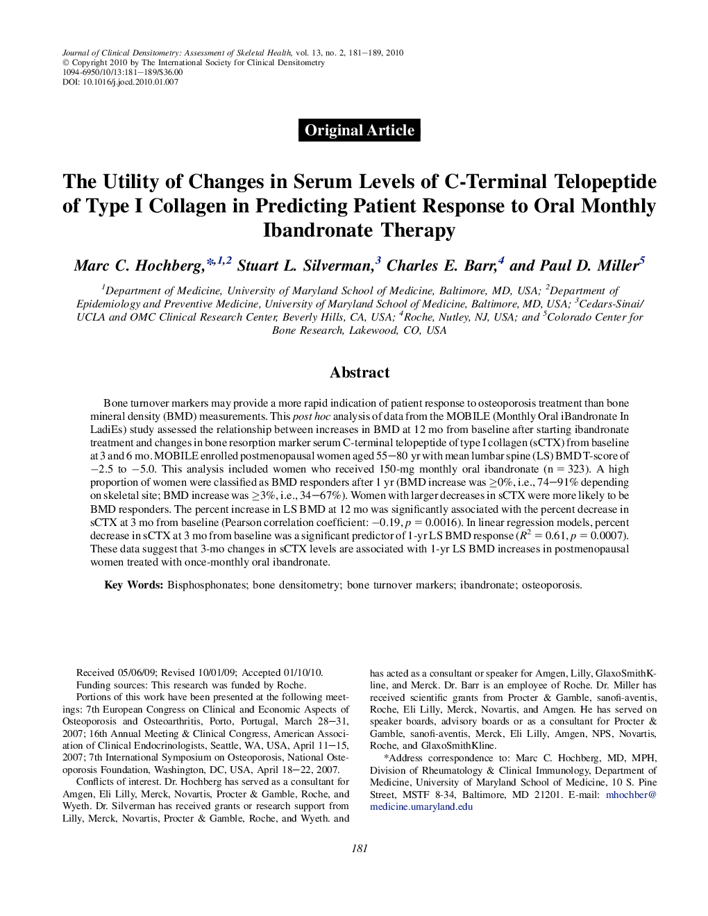 The Utility of Changes in Serum Levels of C-Terminal Telopeptide of Type I Collagen in Predicting Patient Response to Oral Monthly Ibandronate Therapy