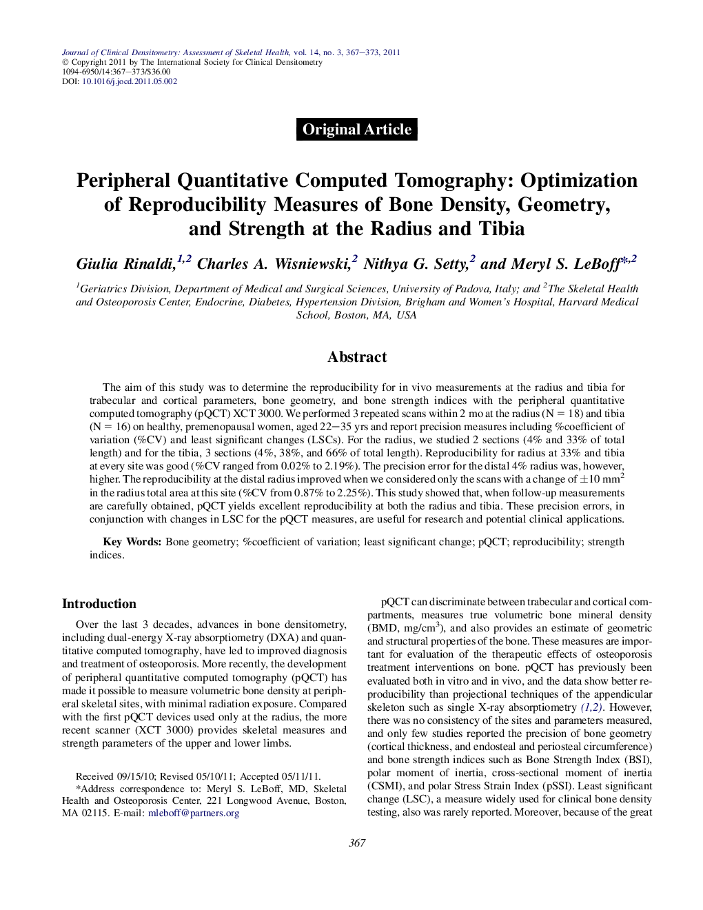 Peripheral Quantitative Computed Tomography: Optimization of Reproducibility Measures of Bone Density, Geometry, and Strength at the Radius and Tibia