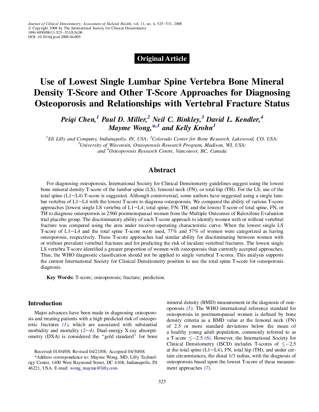 Use of Lowest Single Lumbar Spine Vertebra Bone Mineral Density T-Score and Other T-Score Approaches for Diagnosing Osteoporosis and Relationships with Vertebral Fracture Status