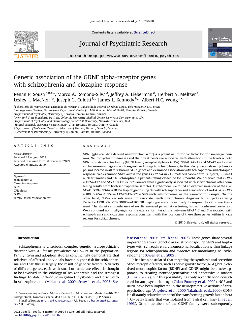 Genetic association of the GDNF alpha-receptor genes with schizophrenia and clozapine response