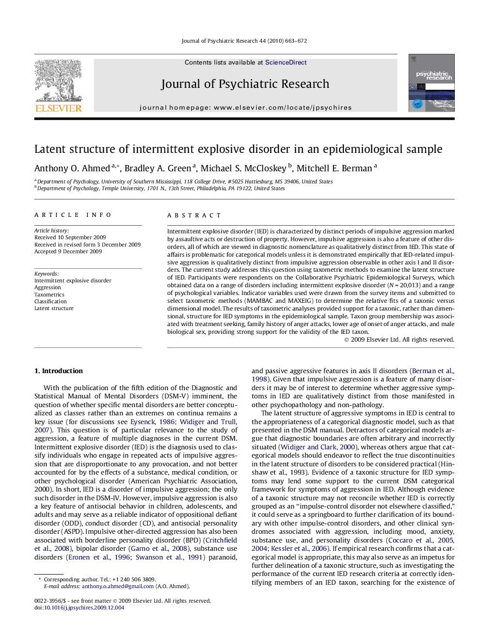 Latent structure of intermittent explosive disorder in an epidemiological sample