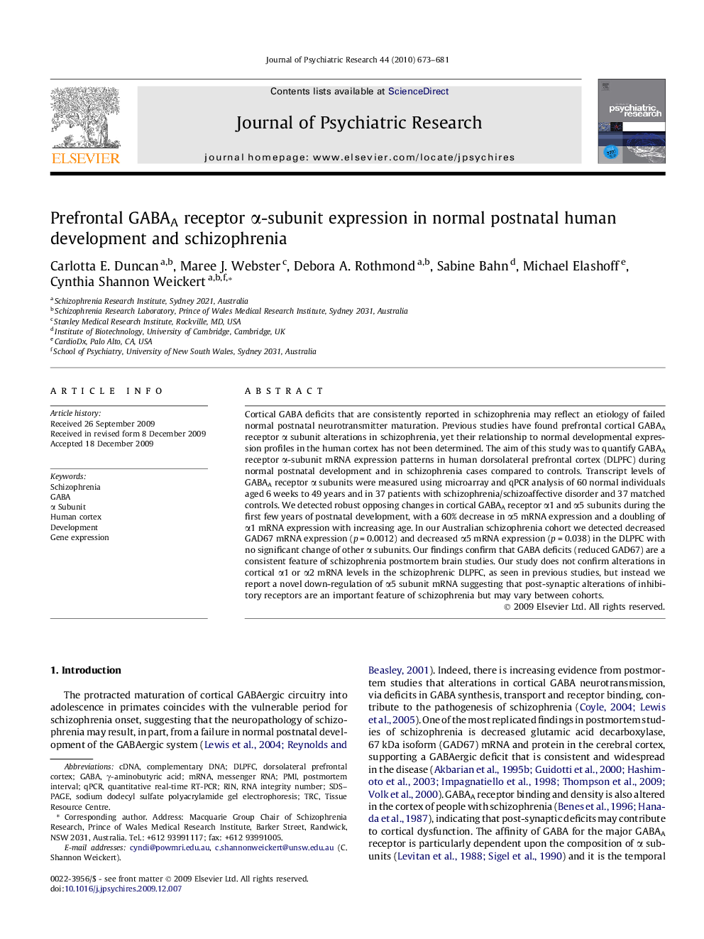 عکس صفحه اول مقاله: Prefrontal GABAA receptor α-subunit expression in normal postnatal human development and schizophrenia Prefrontal GABAA receptor α-subunit expression in normal postnatal human development and schizophrenia