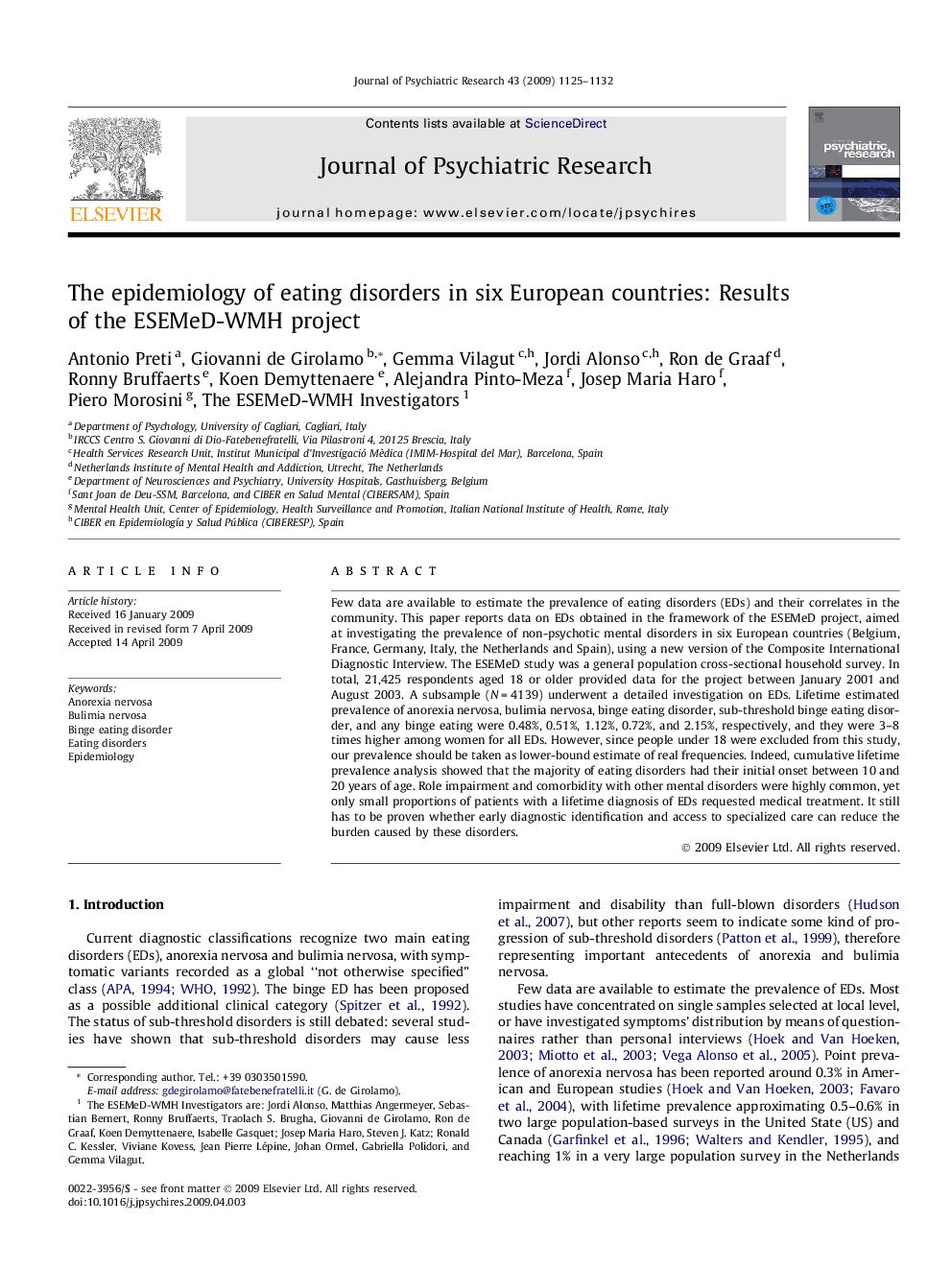 The epidemiology of eating disorders in six European countries: Results of the ESEMeD-WMH project