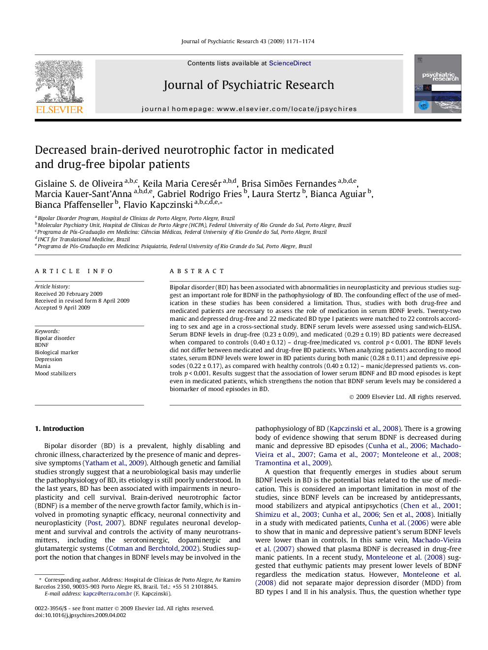 Decreased brain-derived neurotrophic factor in medicated and drug-free bipolar patients