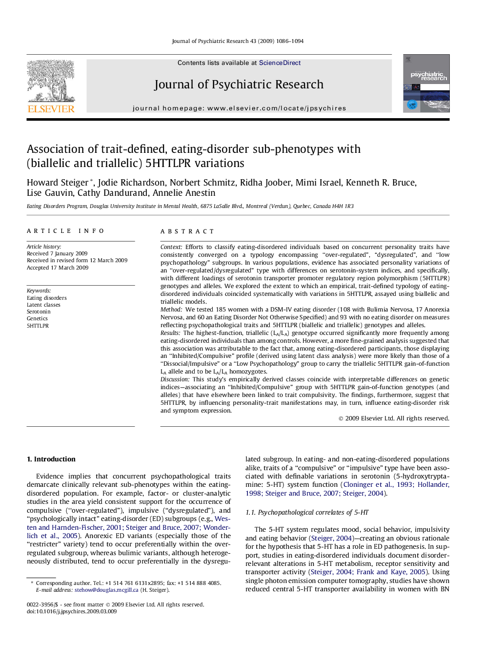 Association of trait-defined, eating-disorder sub-phenotypes with (biallelic and triallelic) 5HTTLPR variations