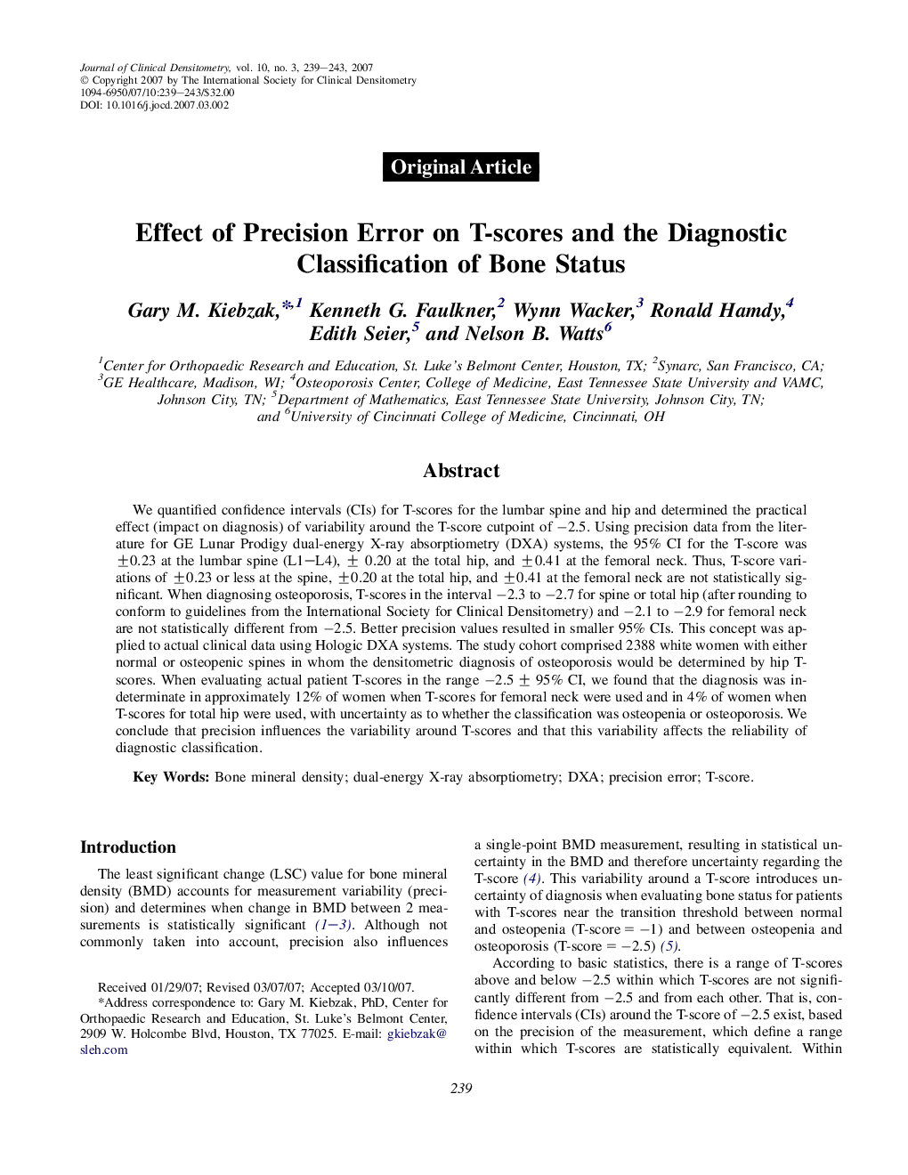 Effect of Precision Error on T-scores and the Diagnostic Classification of Bone Status