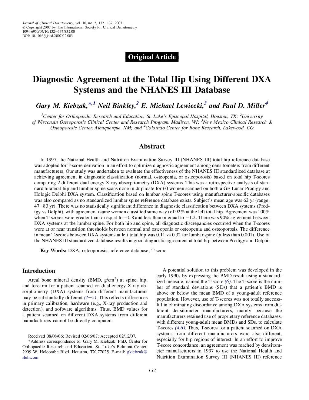 Diagnostic Agreement at the Total Hip Using Different DXA Systems and the NHANES III Database