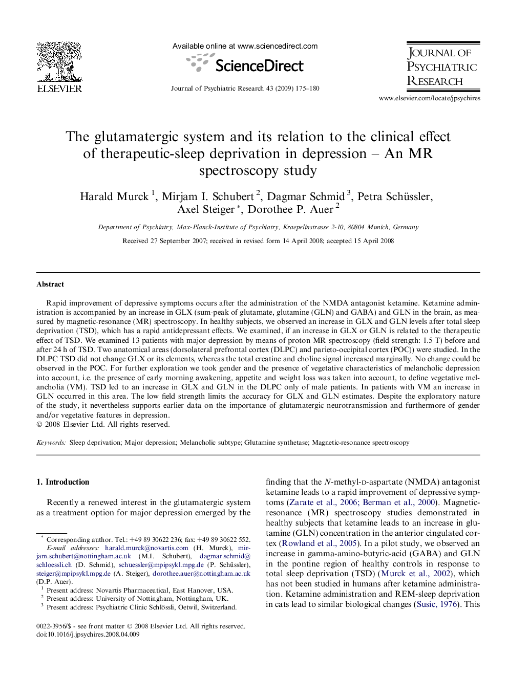 The glutamatergic system and its relation to the clinical effect of therapeutic-sleep deprivation in depression – An MR spectroscopy study