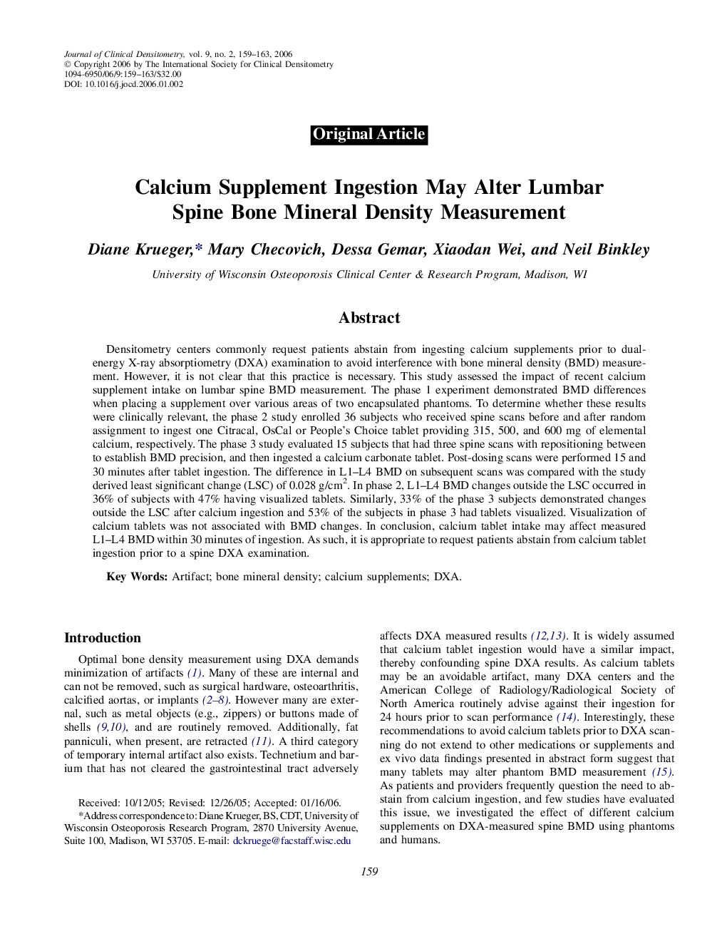 Calcium Supplement Ingestion May Alter Lumbar Spine Bone Mineral Density Measurement