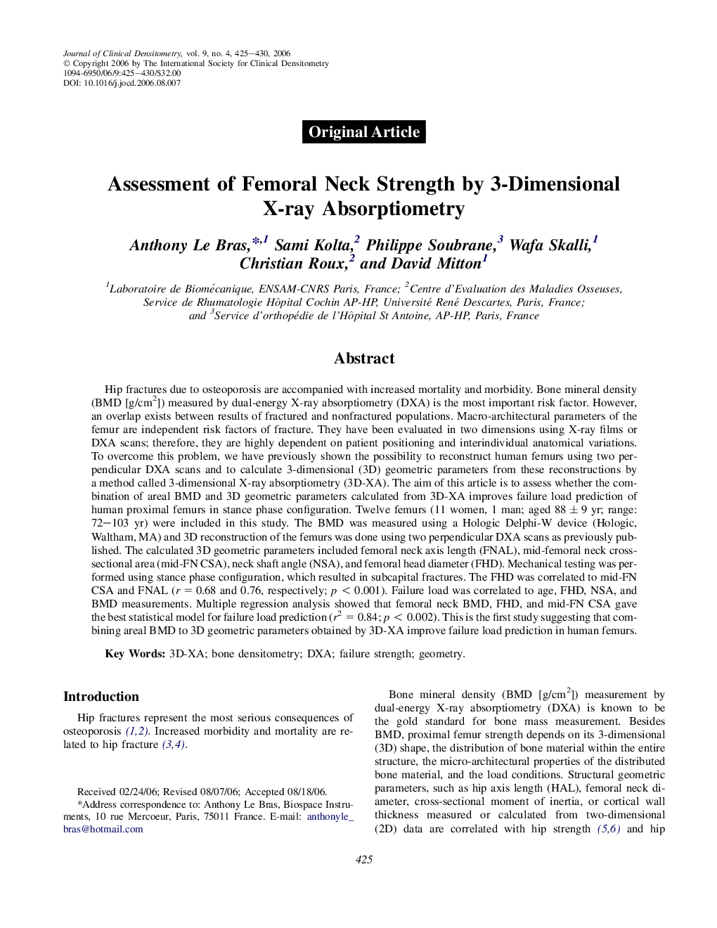 Assessment of Femoral Neck Strength by 3-Dimensional X-ray Absorptiometry