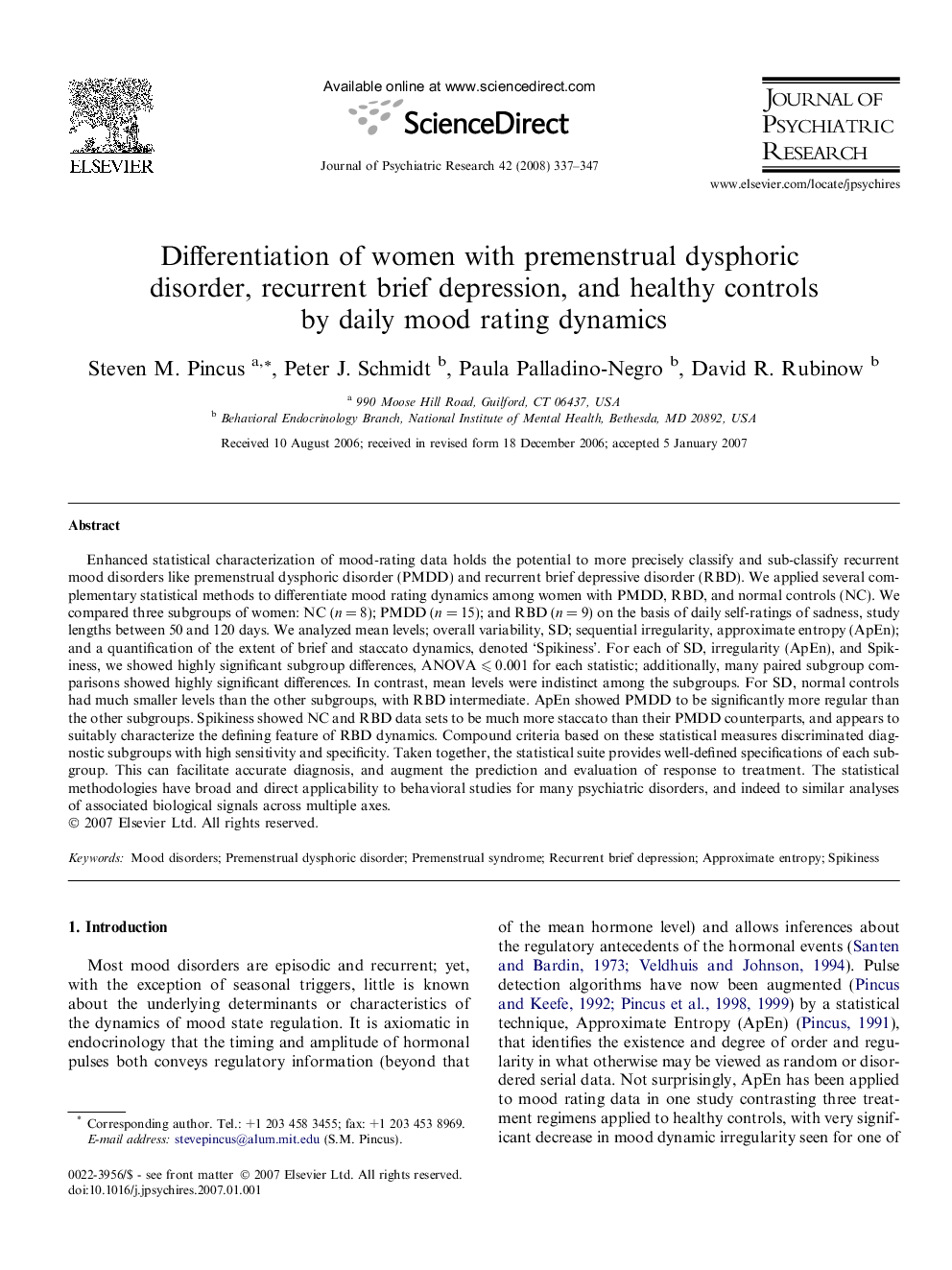 Differentiation of women with premenstrual dysphoric disorder, recurrent brief depression, and healthy controls by daily mood rating dynamics