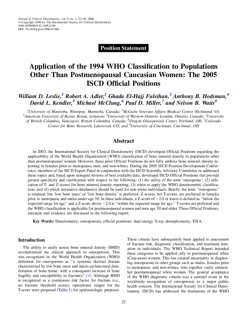 Application of the 1994 WHO Classification to Populations Other Than Postmenopausal Caucasian Women: The 2005 ISCD Official Positions