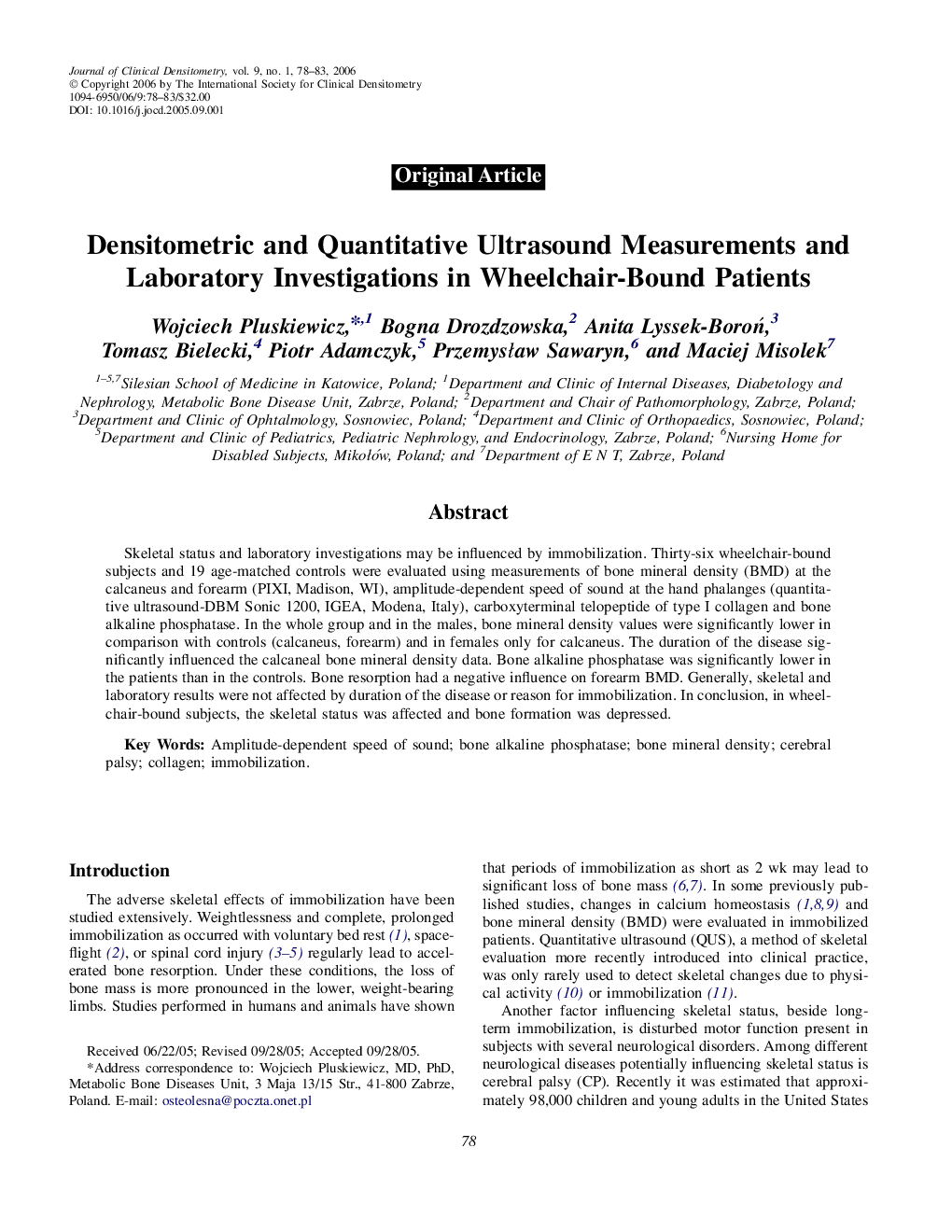 Densitometric and Quantitative Ultrasound Measurements and Laboratory Investigations in Wheelchair-Bound Patients