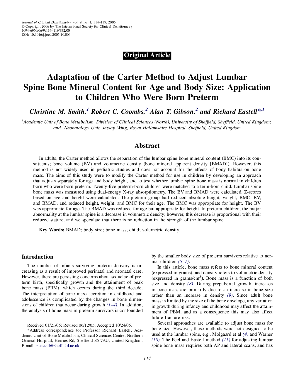 Adaptation of the Carter Method to Adjust Lumbar Spine Bone Mineral Content for Age and Body Size: Application to Children Who Were Born Preterm