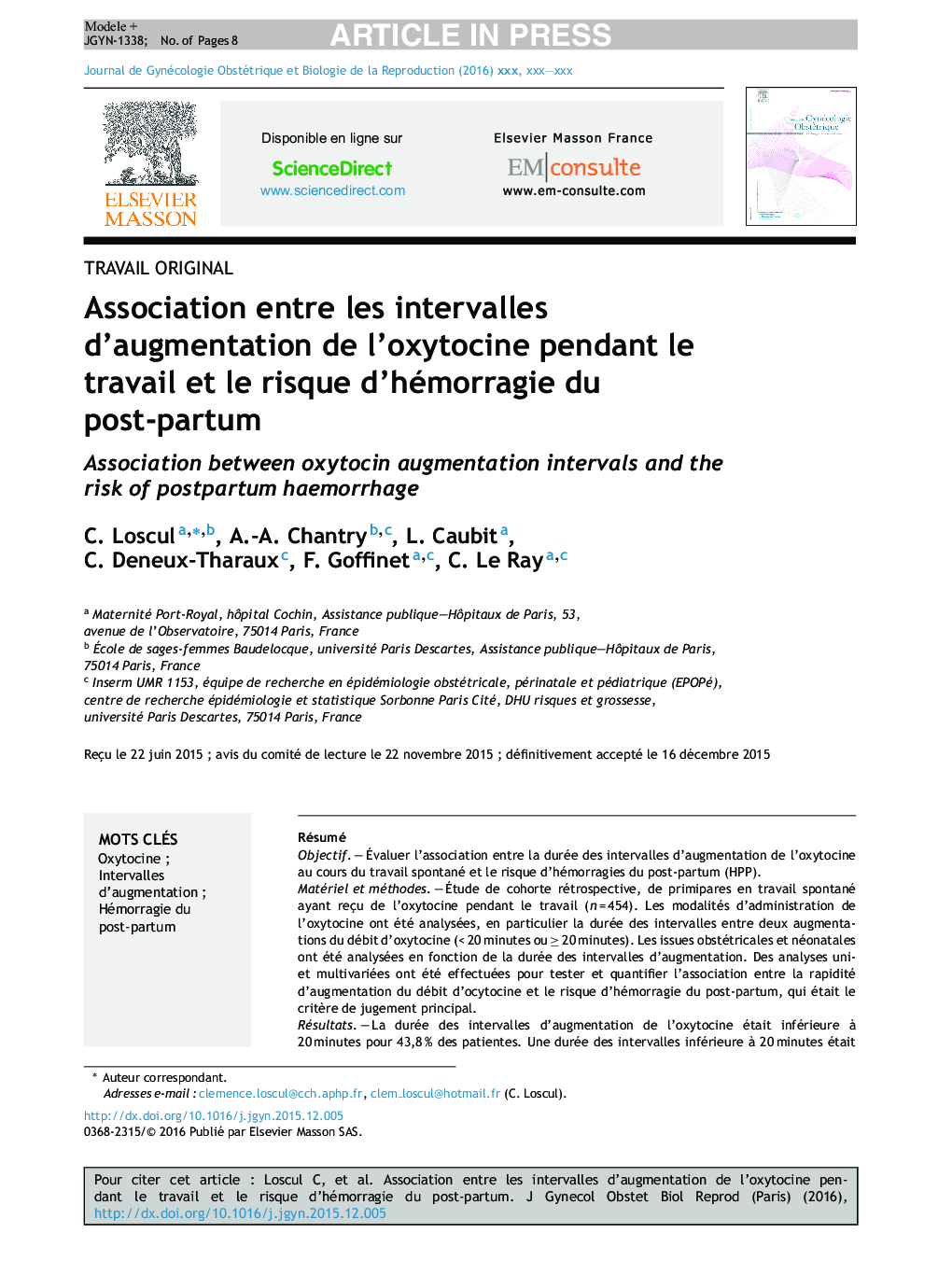 Association entre les intervalles d'augmentation de l'oxytocine pendant le travail et le risque d'hémorragie du post-partum