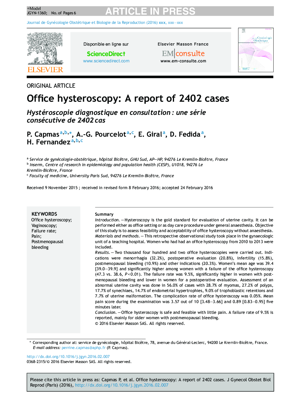 Office hysteroscopy: A report of 2402 cases