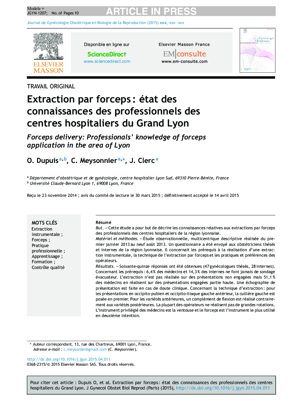 Extraction par forcepsÂ : état des connaissances des professionnels des centres hospitaliers du Grand Lyon