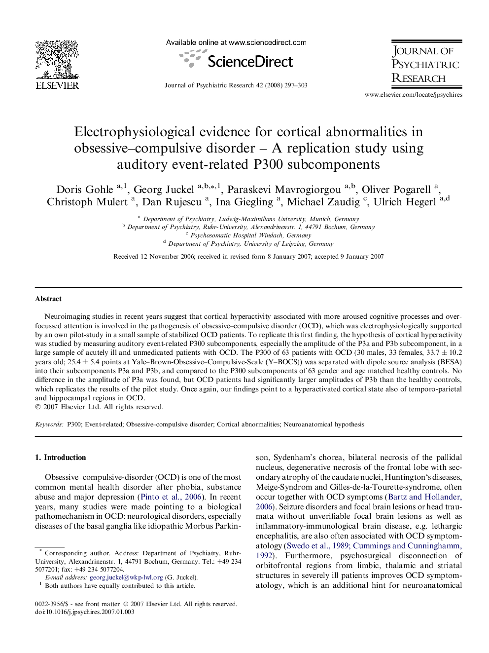عکس صفحه اول مقاله: Electrophysiological evidence for cortical abnormalities in obsessive–compulsive disorder – A replication study using auditory event-related P300 subcomponents Electrophysiological evidence for cortical abnormalities in obsessive–compulsive disorder – A replication study using auditory event-related P300 subcomponents