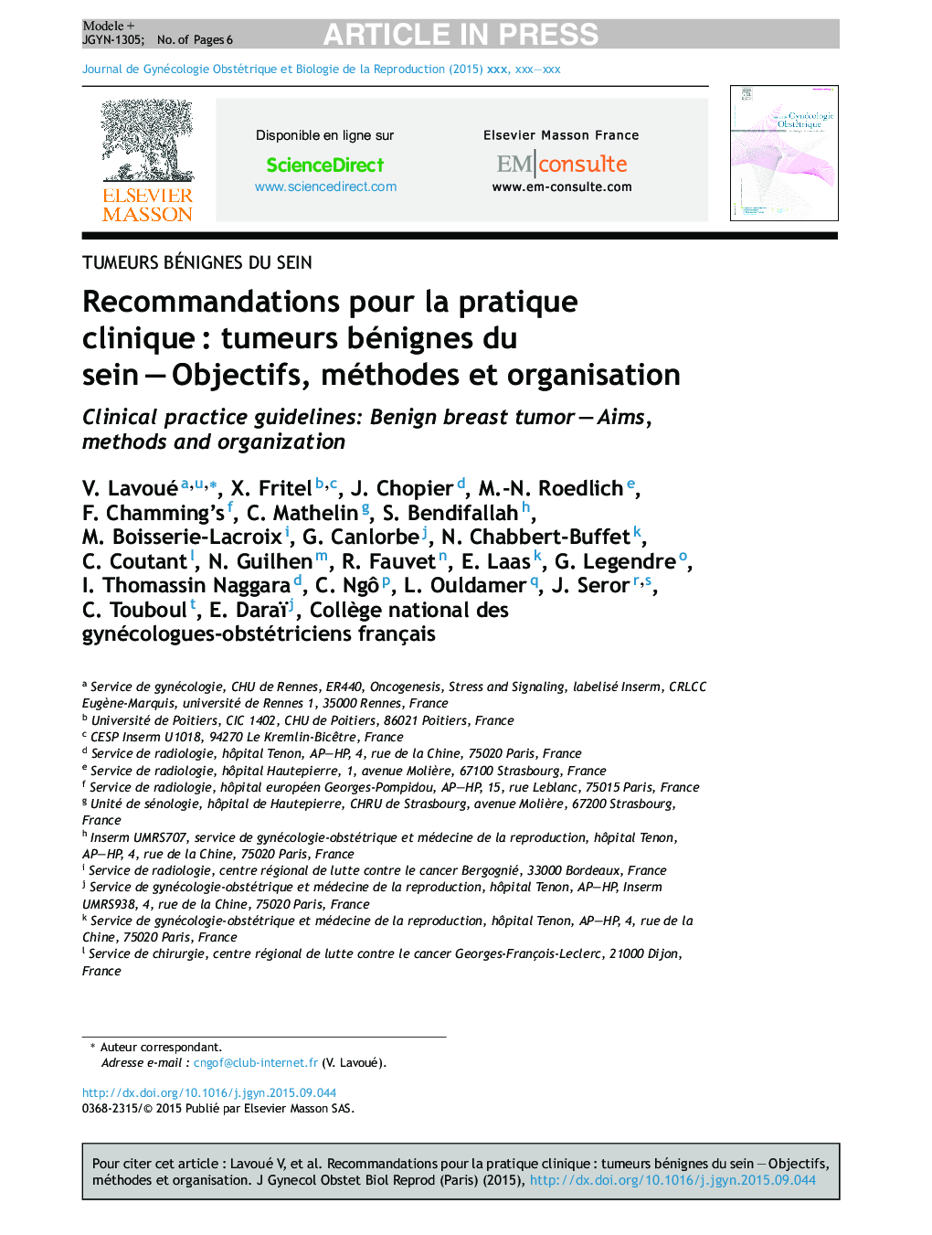 Recommandations pour la pratique cliniqueÂ : tumeurs bénignes du seinÂ -Â Objectifs, méthodes et organisation