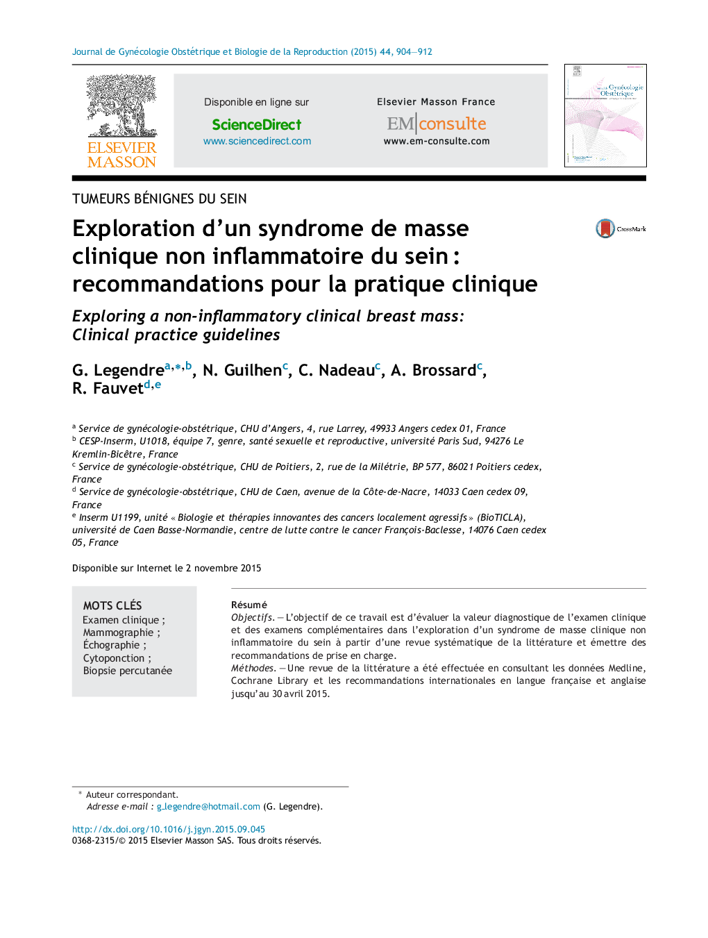 Exploration d'un syndrome de masse clinique non inflammatoire du seinÂ : recommandations pour la pratique clinique