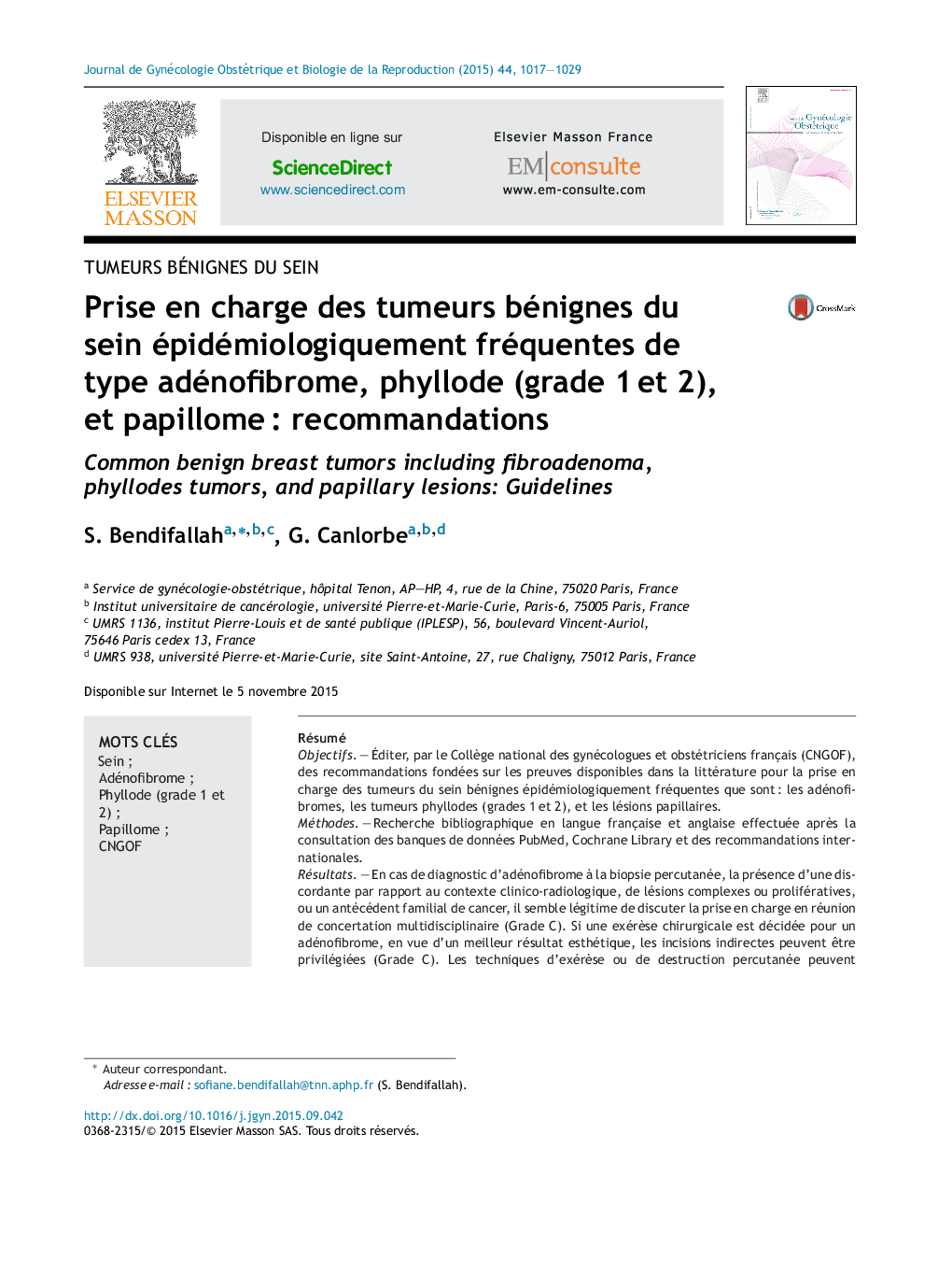 Prise en charge des tumeurs bénignes du sein épidémiologiquement fréquentes de type adénofibrome, phyllode (grade 1Â et 2), et papillomeÂ : recommandations