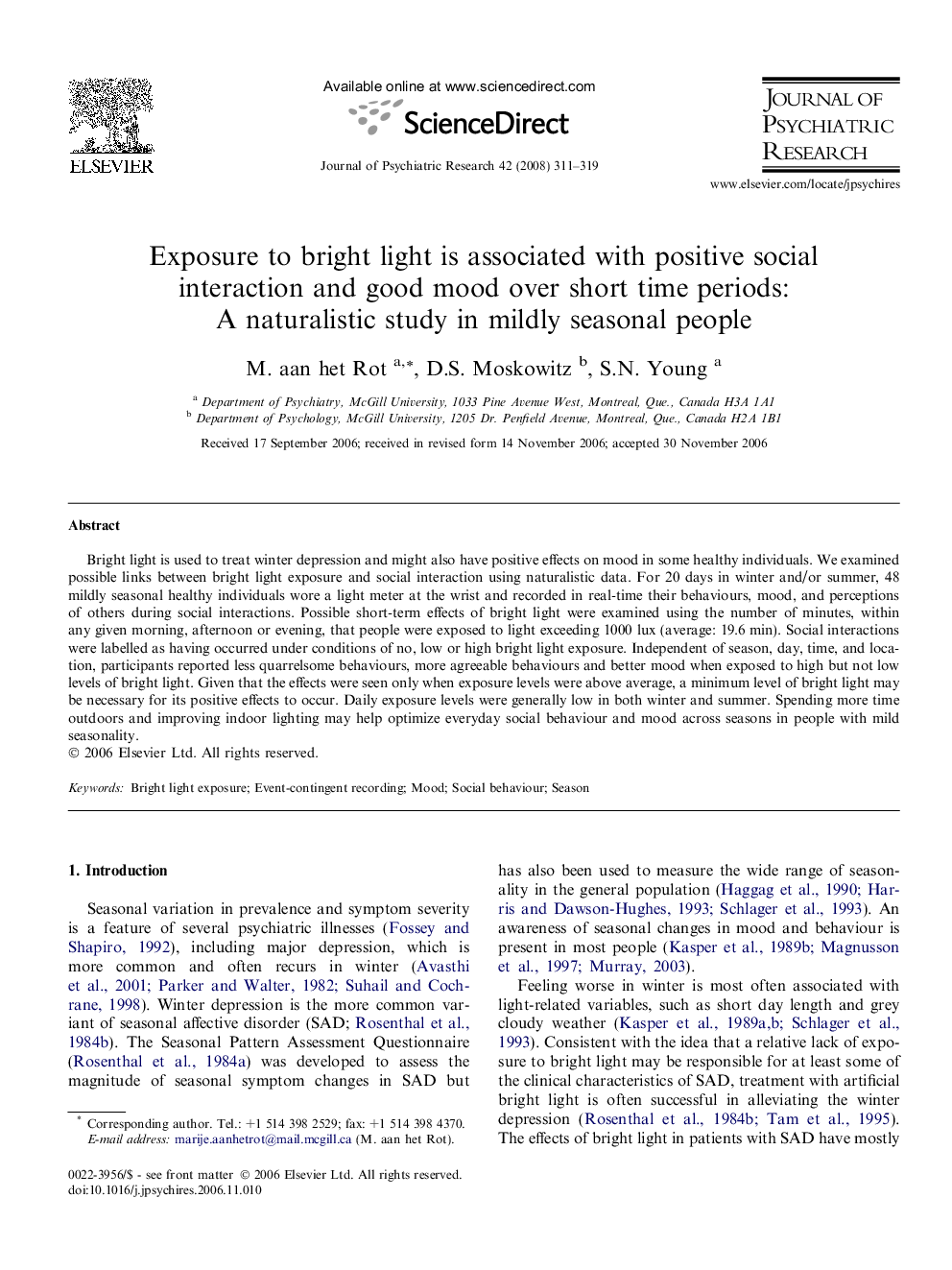 Exposure to bright light is associated with positive social interaction and good mood over short time periods: A naturalistic study in mildly seasonal people