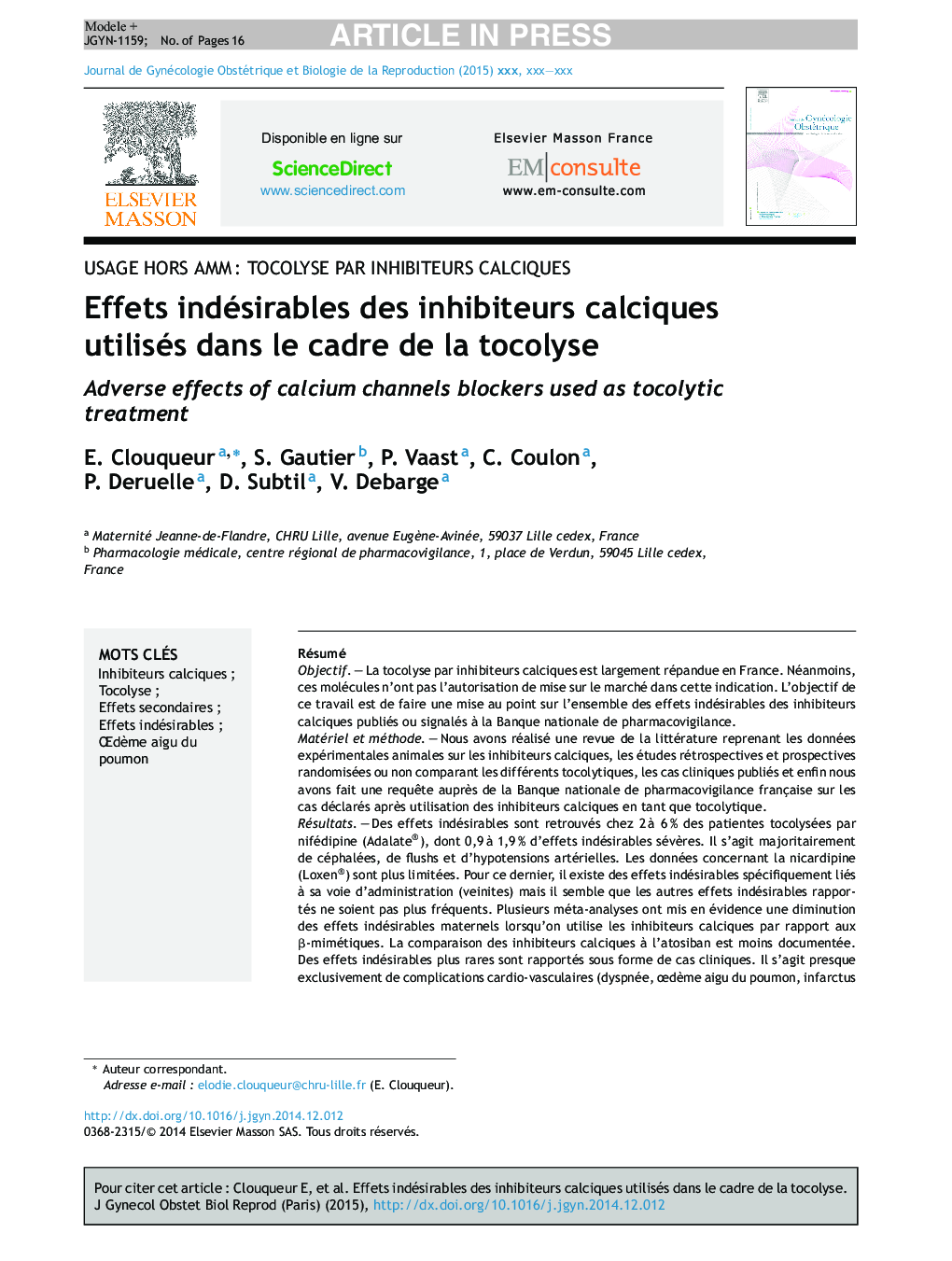 Effets indésirables des inhibiteurs calciques utilisés dans le cadre de la tocolyse