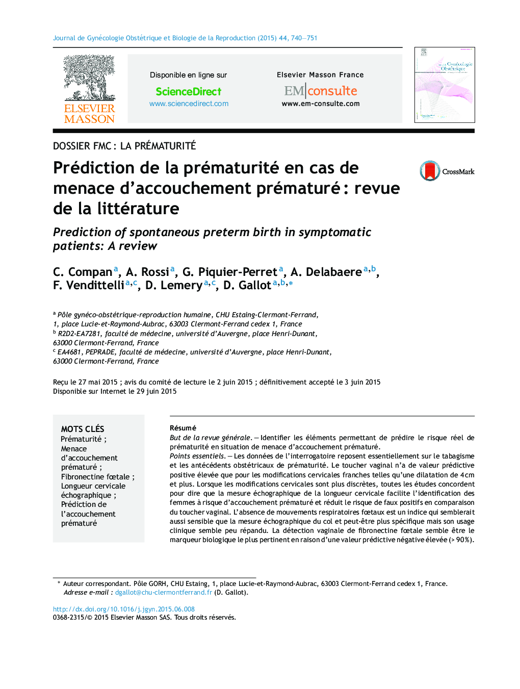 Prédiction de la prématurité en cas de menace d'accouchement prématuréÂ : revue de la littérature