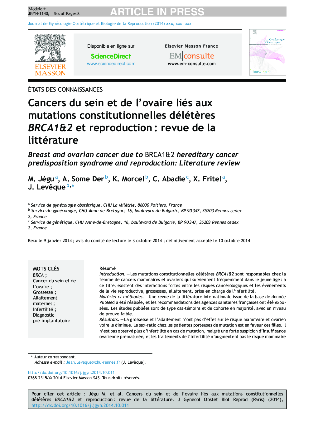 Cancers du sein et de l'ovaire liés aux mutations constitutionnelles délétÃ¨res BRCA1&2 et reproductionÂ : revue de la littérature