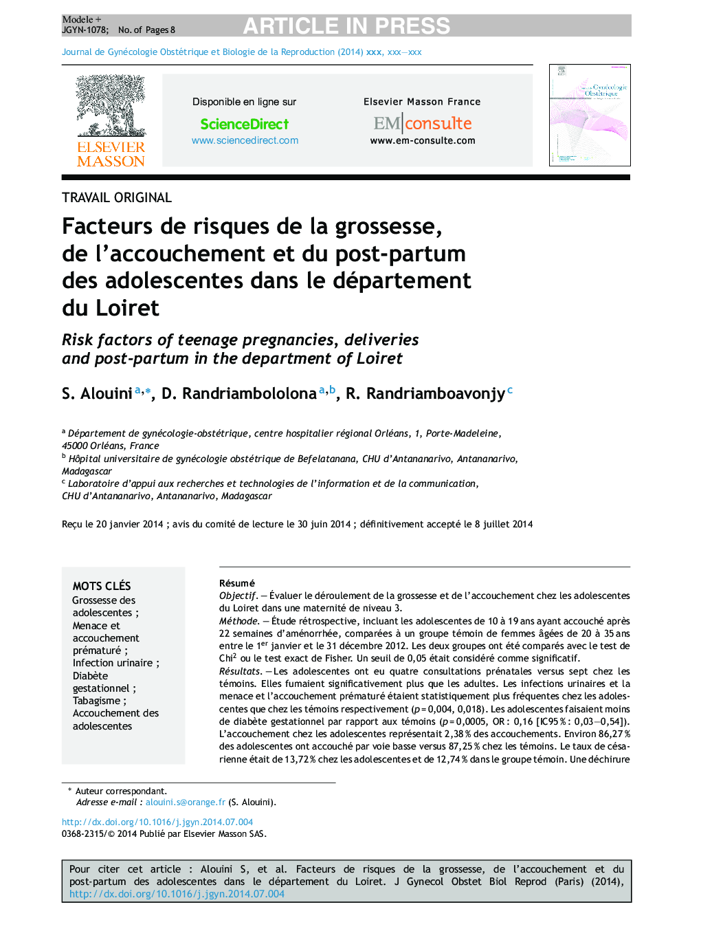 Facteurs de risques de la grossesse, de l'accouchement et du post-partum des adolescentes dans le département du Loiret