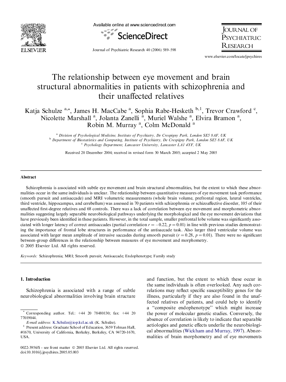 The relationship between eye movement and brain structural abnormalities in patients with schizophrenia and their unaffected relatives