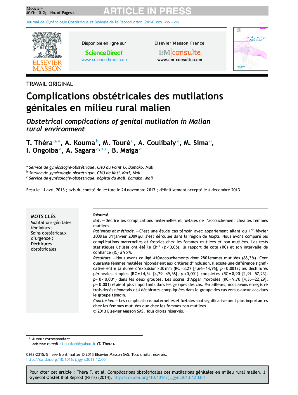 Complications obstétricales des mutilations génitales en milieu rural malien