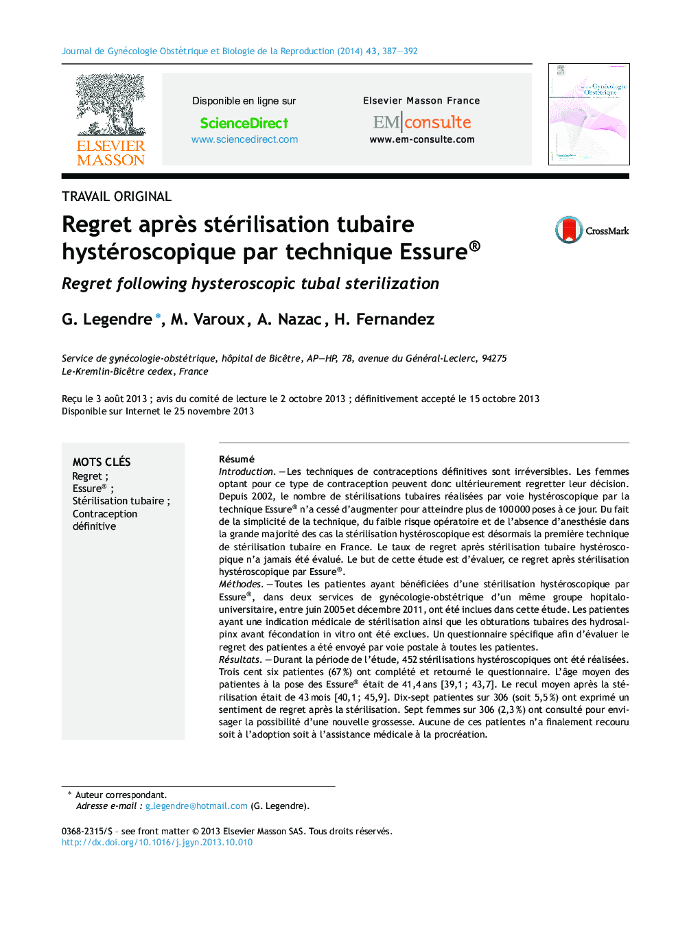 Regret aprÃ¨s stérilisation tubaire hystéroscopique par technique Essure®