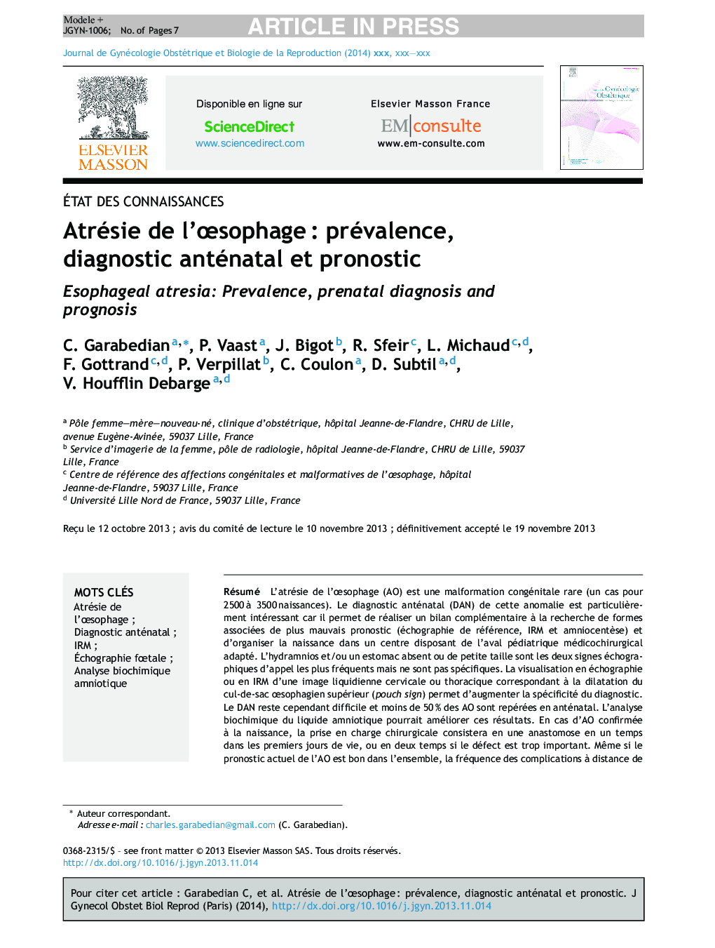 Atrésie de l'ÅsophageÂ : prévalence, diagnostic anténatal et pronostic