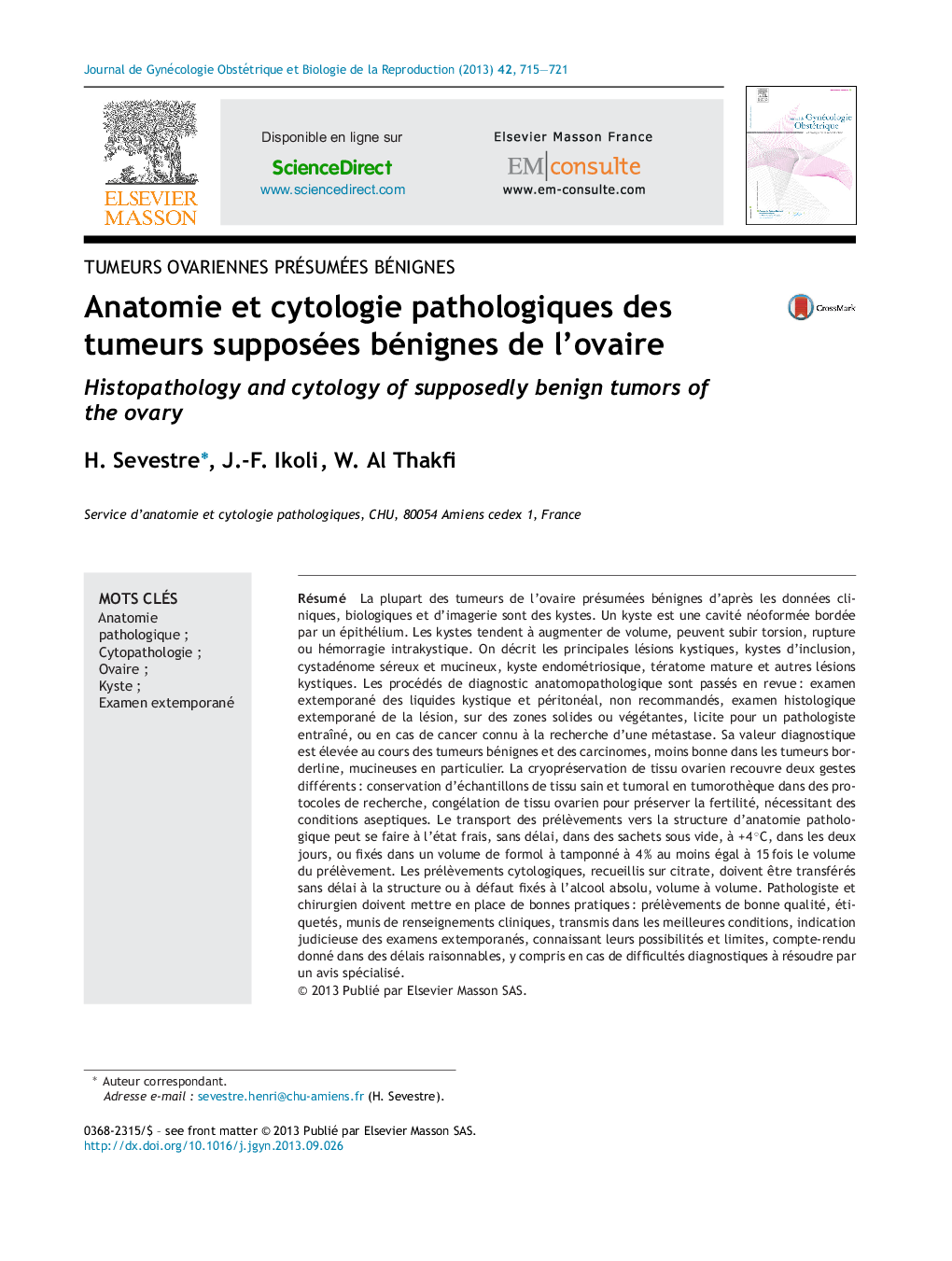 Anatomie et cytologie pathologiques des tumeurs supposées bénignes de l'ovaire