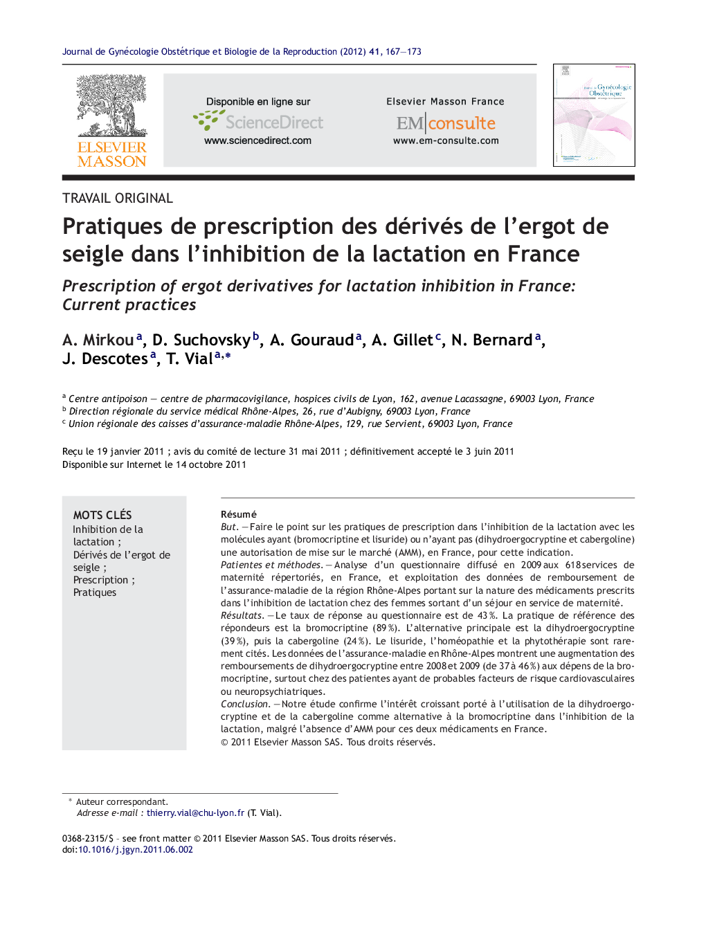 Pratiques de prescription des dérivés de l'ergot de seigle dans l'inhibition de la lactation en France