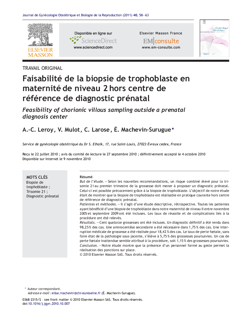 Faisabilité de la biopsie de trophoblaste en maternitéÂ de niveau 2Â hors centre de référence de diagnostic prénatal