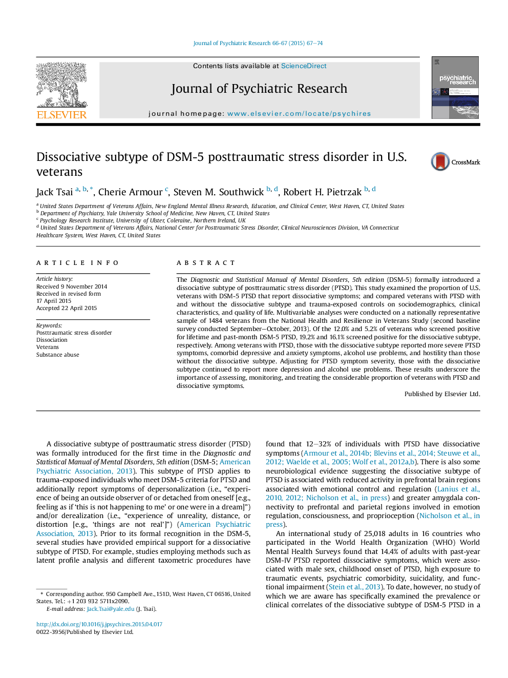 Dissociative subtype of DSM-5 posttraumatic stress disorder in U.S. veterans