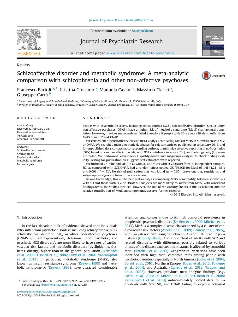 Schizoaffective disorder and metabolic syndrome: A meta-analytic comparison with schizophrenia and other non-affective psychoses