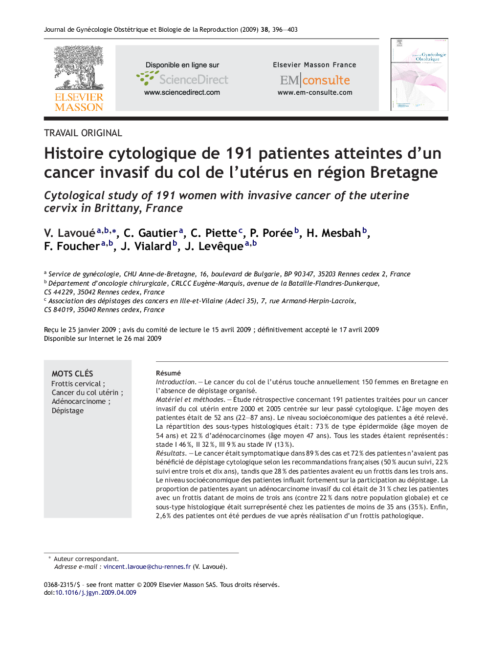 Histoire cytologique de 191 patientes atteintes d'un cancer invasif du col de l'utérus en région Bretagne