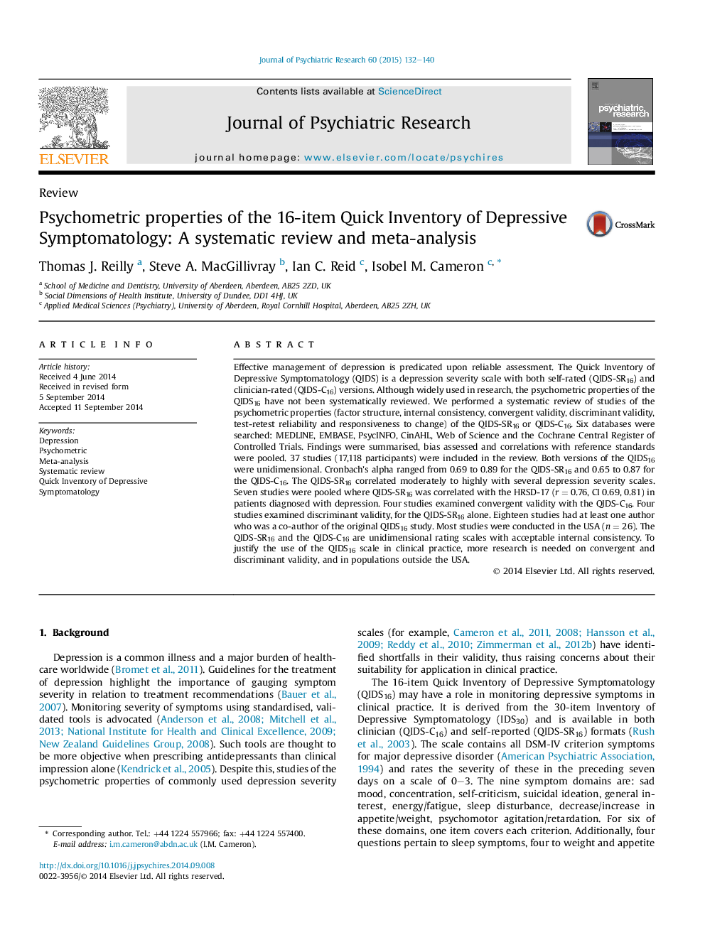 Psychometric properties of the 16-item Quick Inventory of Depressive Symptomatology: A systematic review and meta-analysis