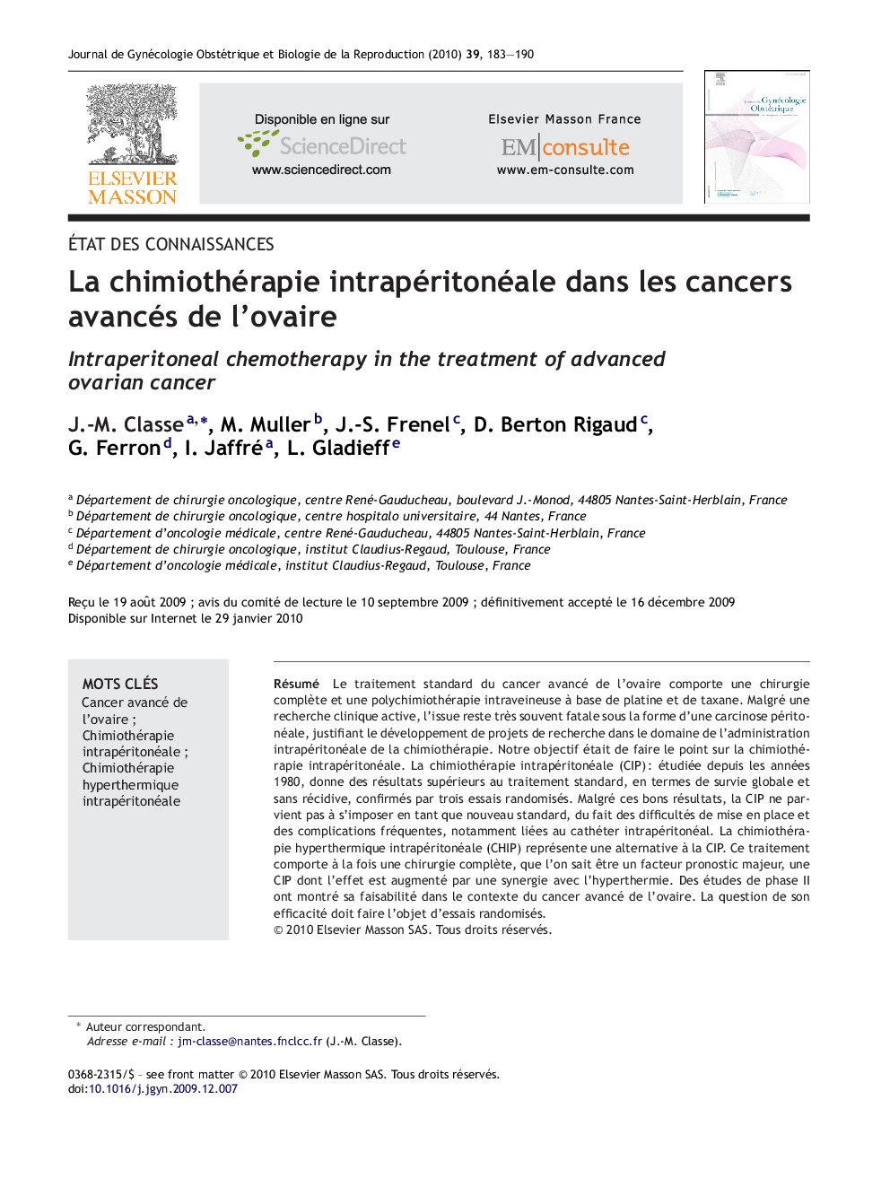 La chimiothérapie intrapéritonéale dans les cancers avancés de l'ovaire