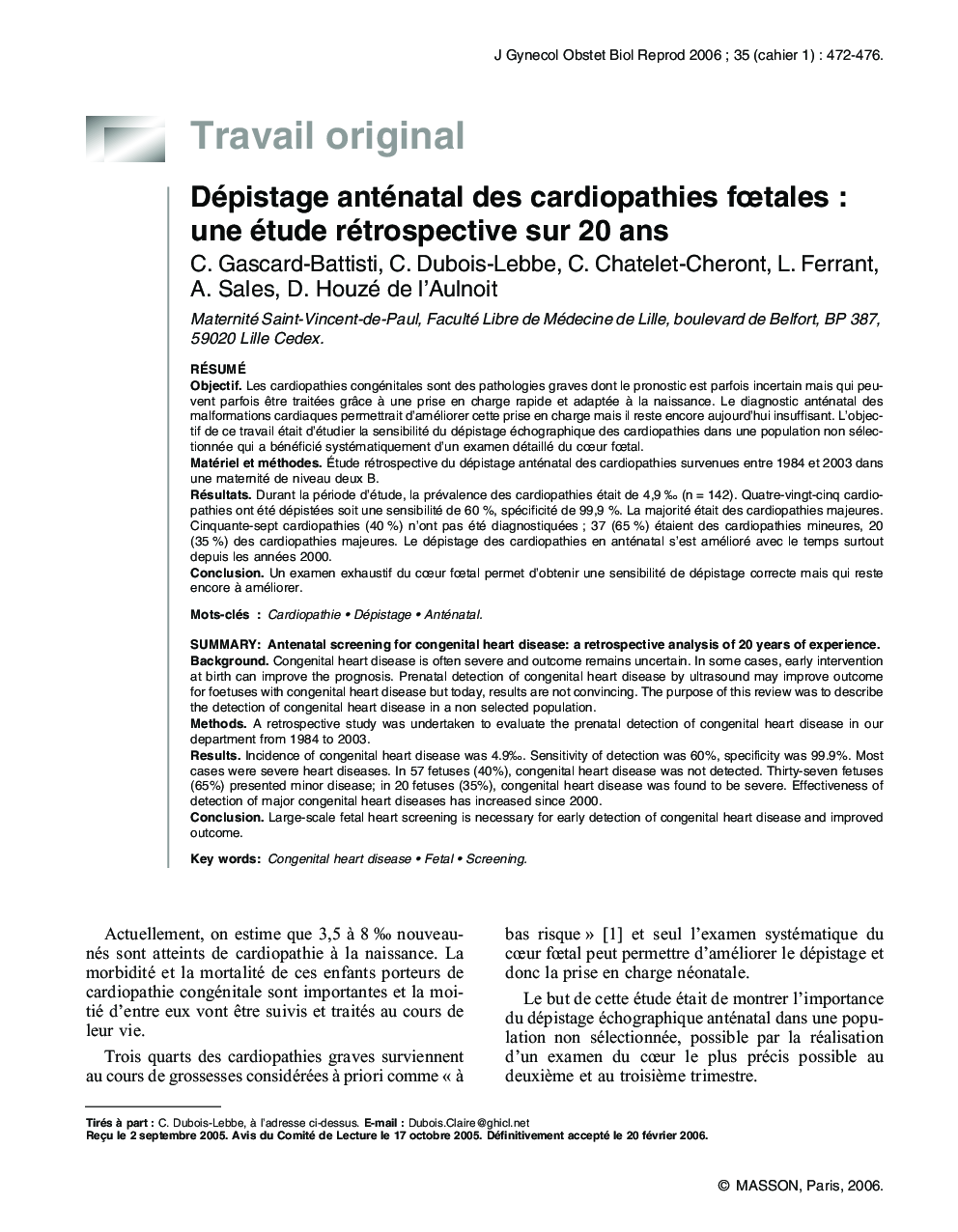 Dépistage anténatal des cardiopathies fÅtales: une étude rétrospective sur 20 ans